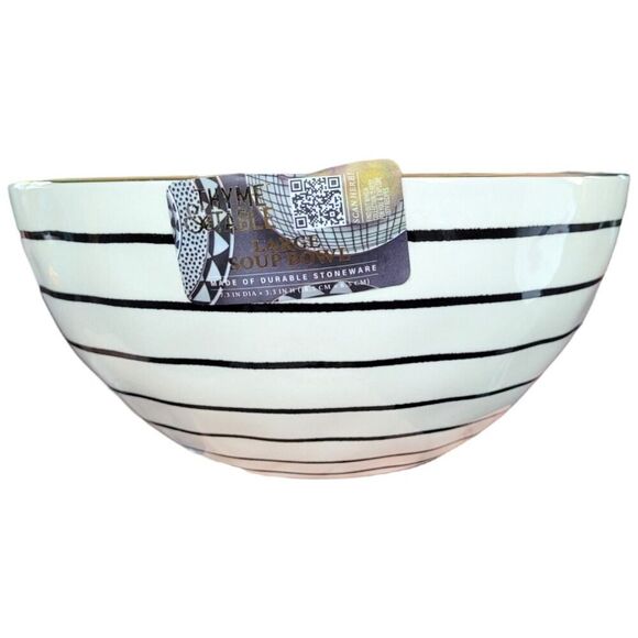Thyme & Table LARGE Soup Bowl Stoneware Black Stripes and White Line Dinnerware - Picture 1 of 3